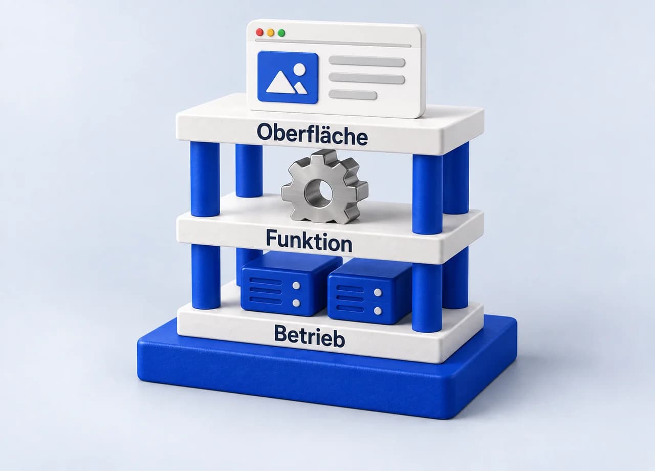 Webdesign: Ein dreistöckiges Architekturmodell zeigt Oberfläche, Funktion und Betrieb mit Browserfenster, Zahnrad und Servern.
