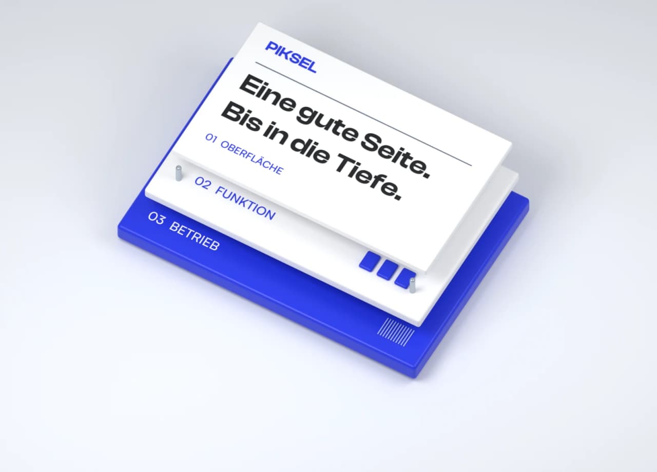 PIKSEL Designstudie: drei räumlich aufgebaute Website-Ebenen mit eigener Typografie und Inhaltsstruktur.