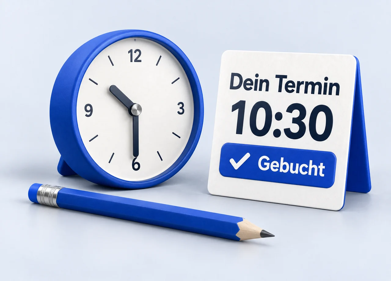 Webdesign: Eine analoge Uhr steht neben einer Terminkarte für 10:30 Uhr mit der Bestätigung Gebucht.
