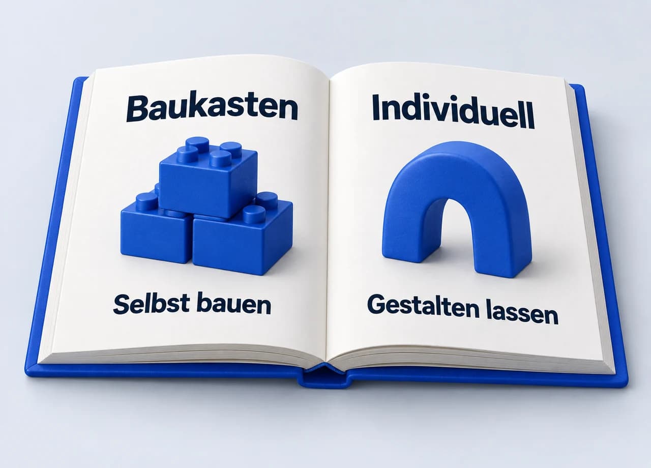 Webdesign: Ein geöffnetes Vergleichsbuch zeigt Baukasten und Individuell mit Bausteinen und einem blauen Bogen.