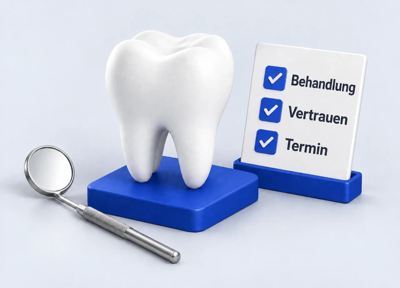 Branchen: Ein weißer Zahn auf blauem Sockel steht neben einer Checkliste für Behandlung, Vertrauen und Termin. Ein Dentalspiegel liegt davor.