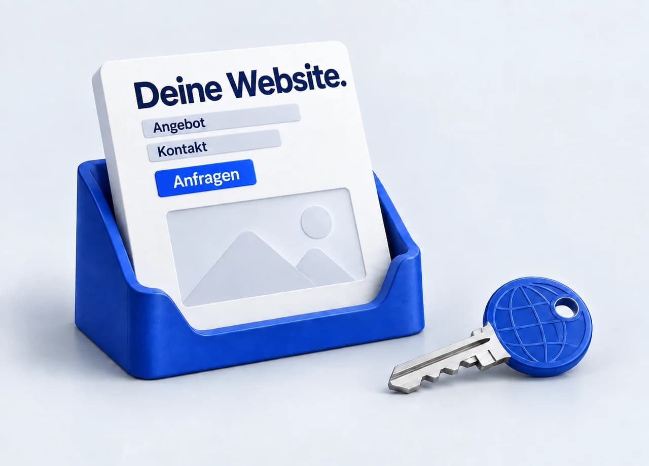 Webdesign: Eine weiße Website-Fläche steht in einer blauen Halterung. Daneben liegt ein separater Schlüssel mit Globusmotiv für die Domainkontrolle.