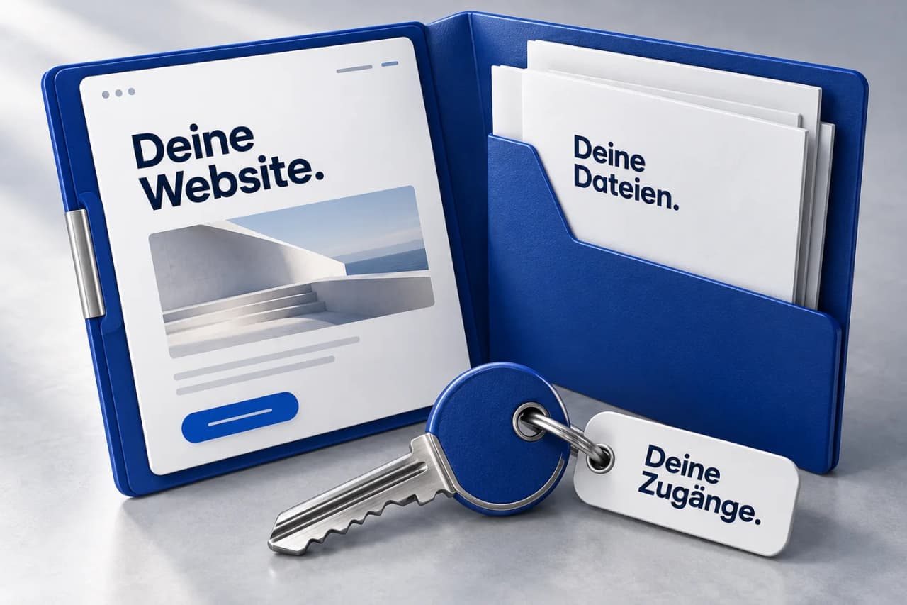 Blaue Projektmappe mit Website und Dateien sowie einem Schlüssel für die Zugänge. Beschriftung: Deine Website. Deine Dateien. Deine Zugänge.