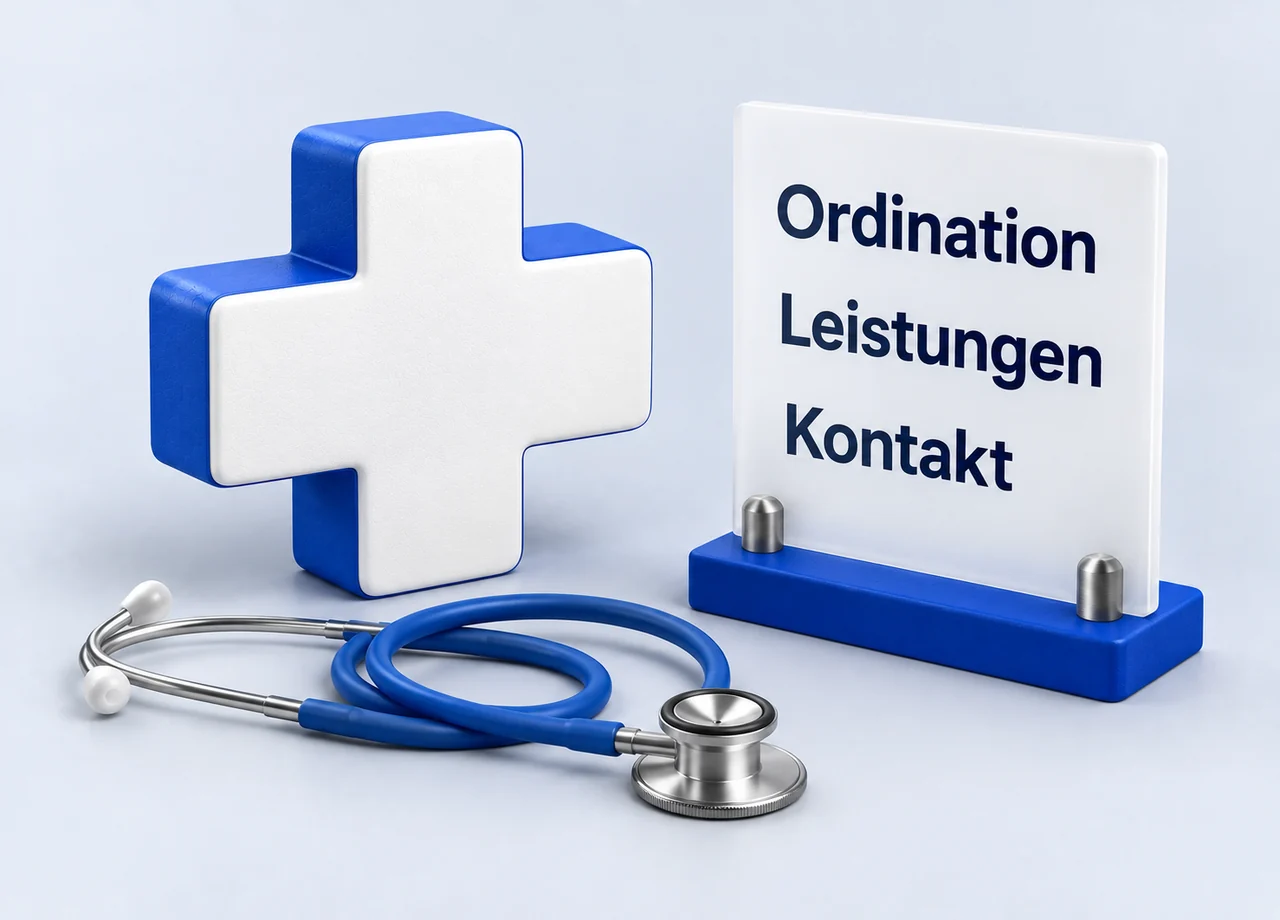 Branchen: Ein medizinisches Kreuz und ein Stethoskop stehen neben einem Schild mit Ordination, Leistungen und Kontakt.