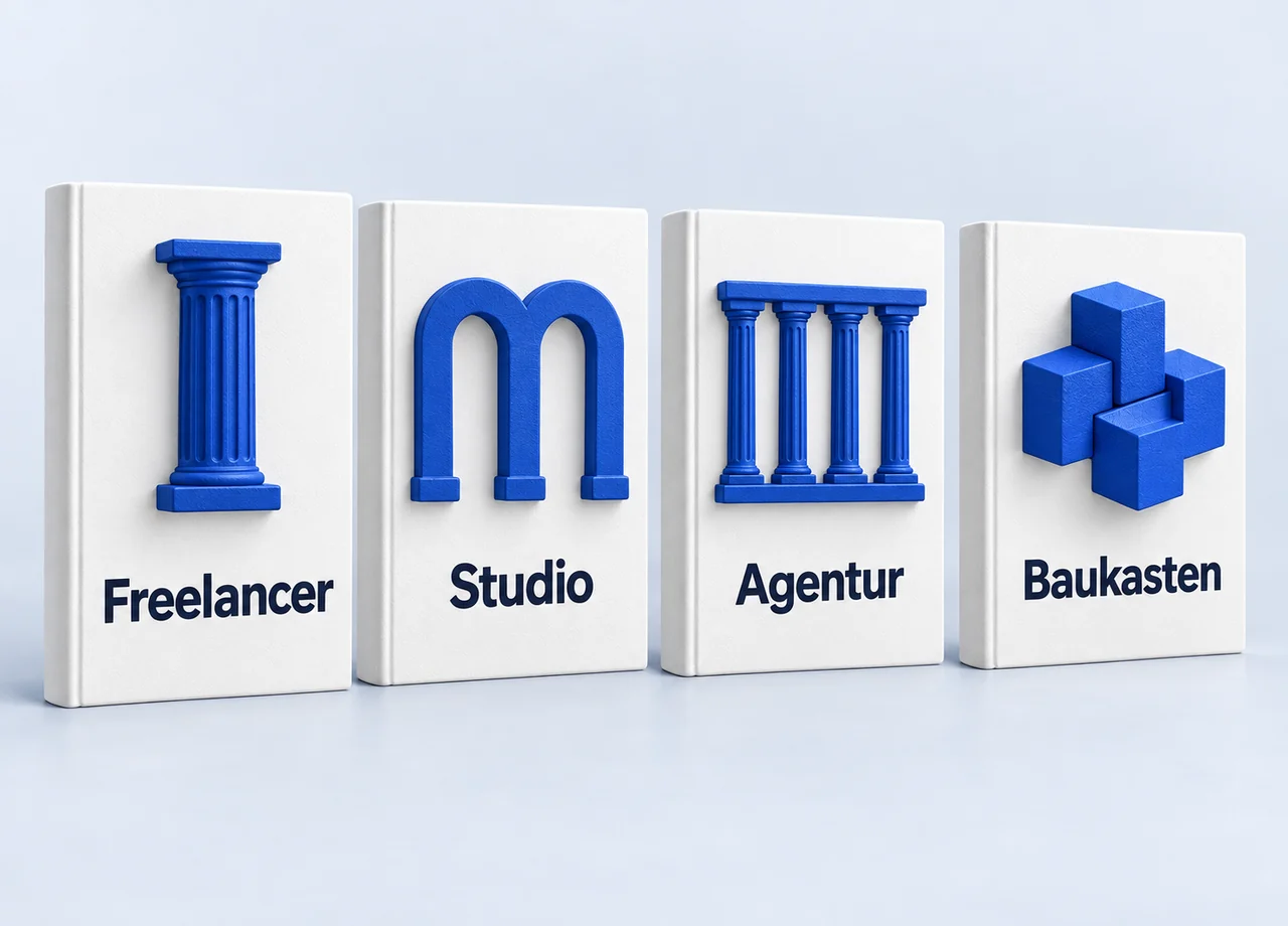 Webdesign: Vier weiße Bände mit blauen Reliefs stehen für Freelancer, Studio, Agentur und Baukasten.