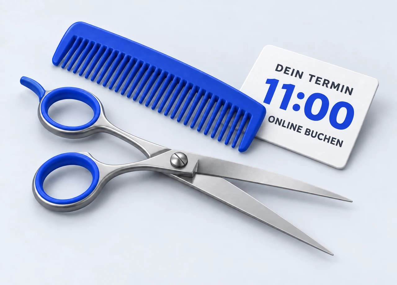 Branchen: Eine Schere mit blauen Griffen und ein blauer Kamm liegen neben einer Terminkarte: Dein Termin, 11:00, online buchen.