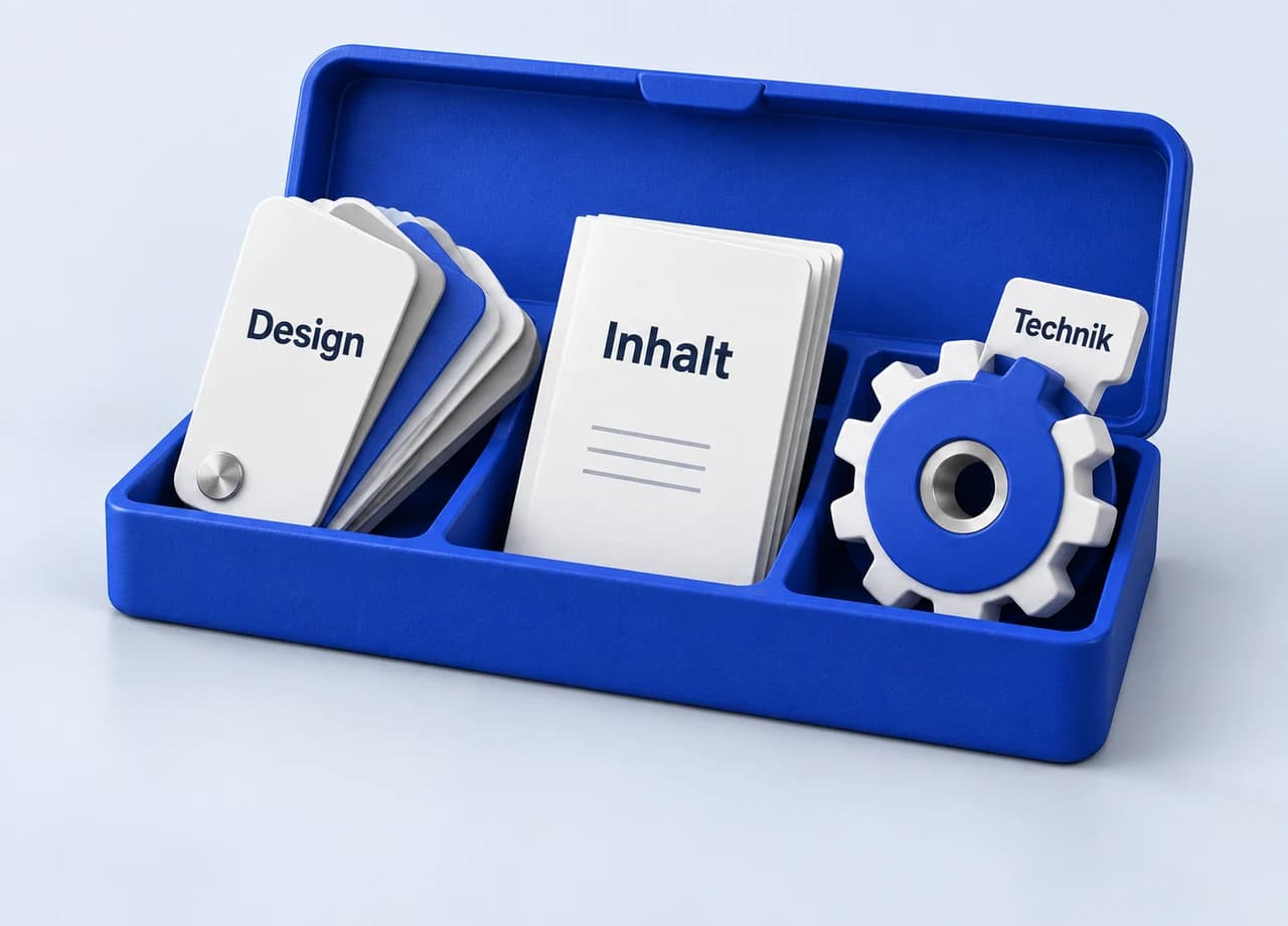 Webdesign: Ein blauer Werkzeugkoffer enthält Farbfächer, Heft und Zahnrad für Design, Inhalt und Technik.