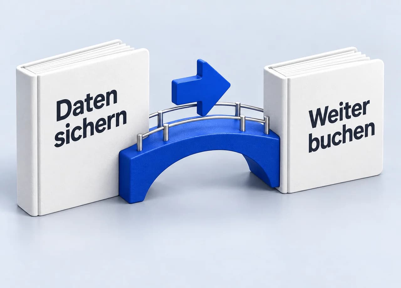 Branchen: Eine blaue Brücke verbindet zwei Reservierungsbücher mit den Beschriftungen Daten sichern und Weiter buchen.