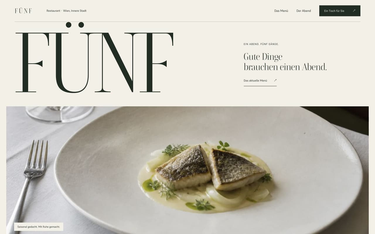 FÜNF: PIKSEL-Designstudie für ein Restaurant mit Speisekarte und Tischreservierung.
