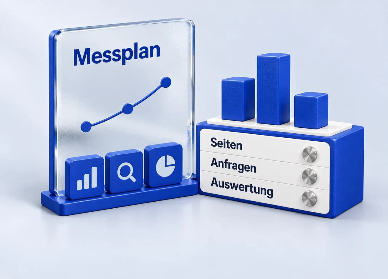 SEO: Eine transparente Messplan-Tafel steht neben einem räumlichen Diagramm mit Seiten, Anfragen und Auswertung.