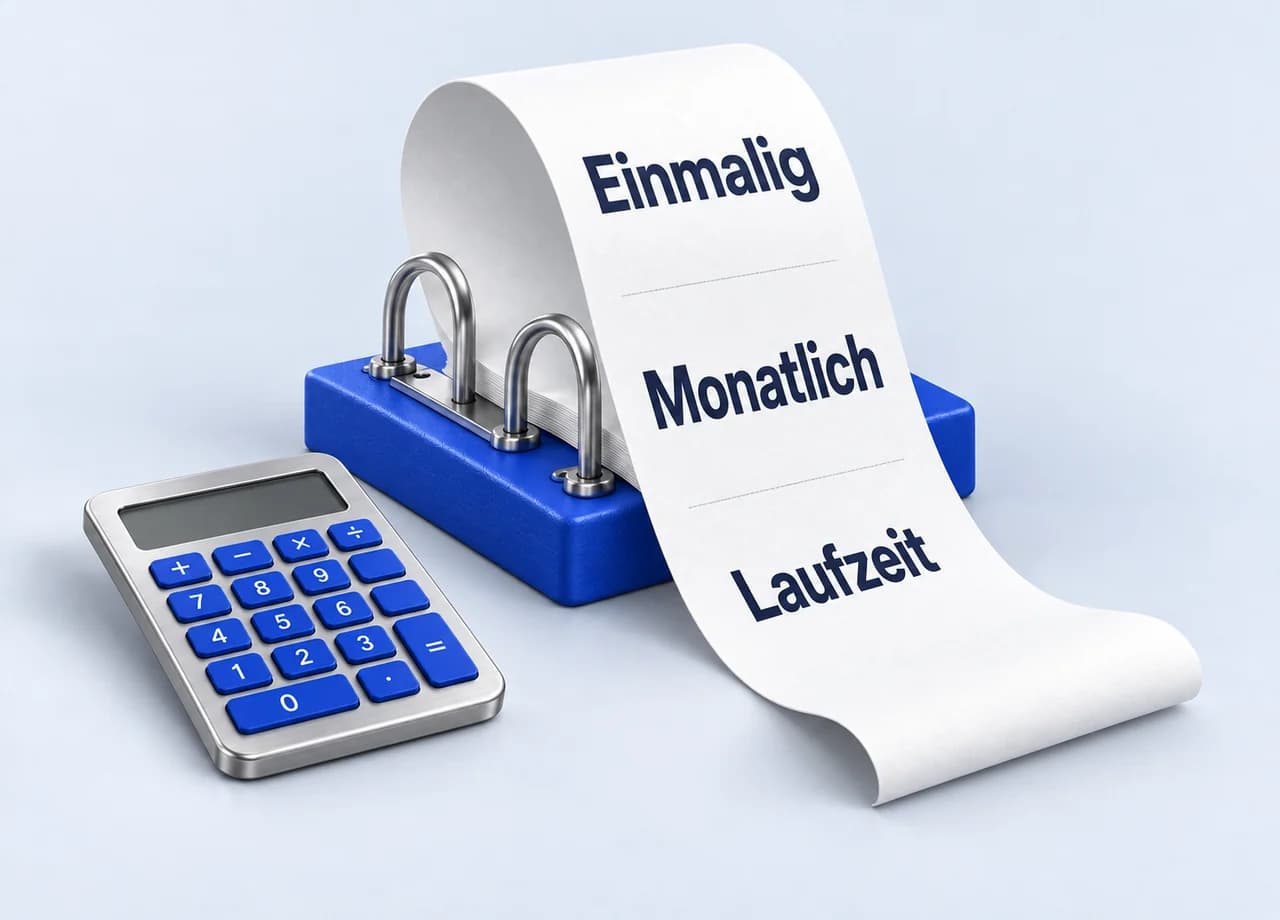 Webdesign: Eine geschwungene Rechnungsschleife zeigt Einmalig, Monatlich und Laufzeit. Daneben liegt ein Taschenrechner.