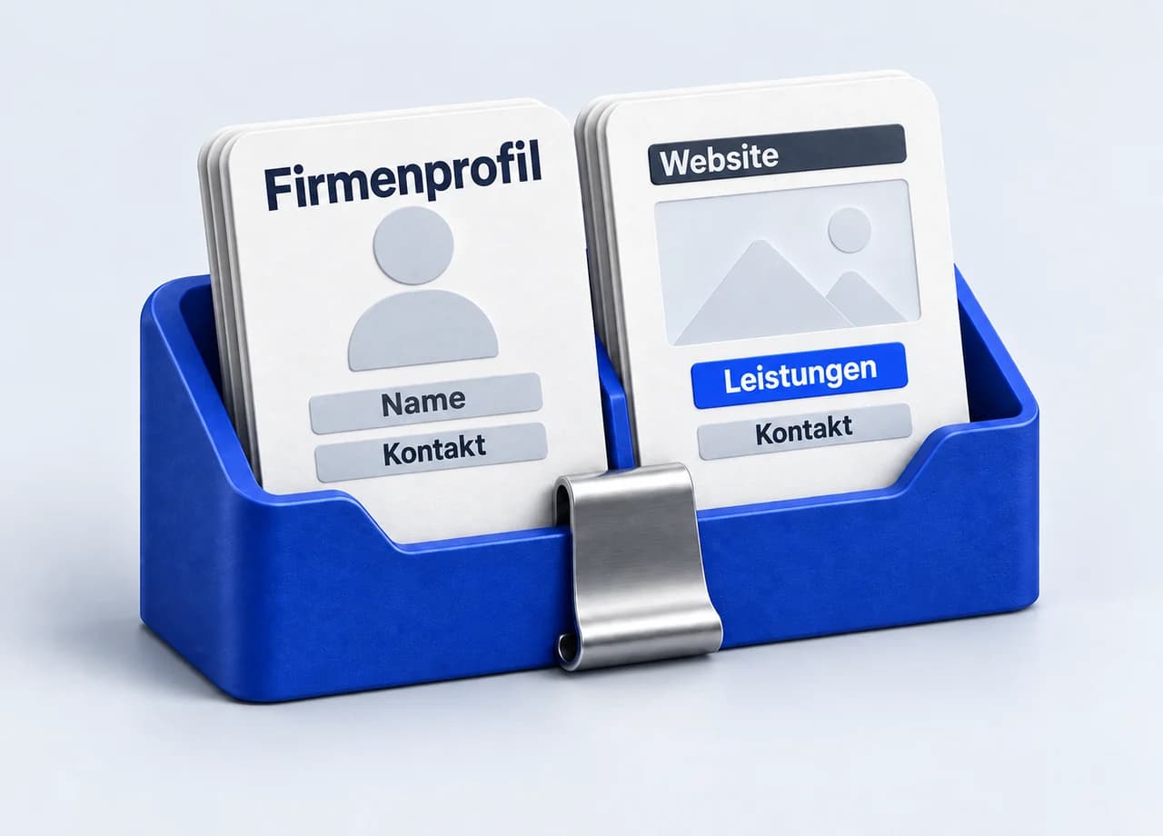 Webdesign: Ein Firmenprofil und eine Website stecken in einem blauen Kartenhalter. Eine Metallklammer bündelt beide als zusammengehörige Leistungen.