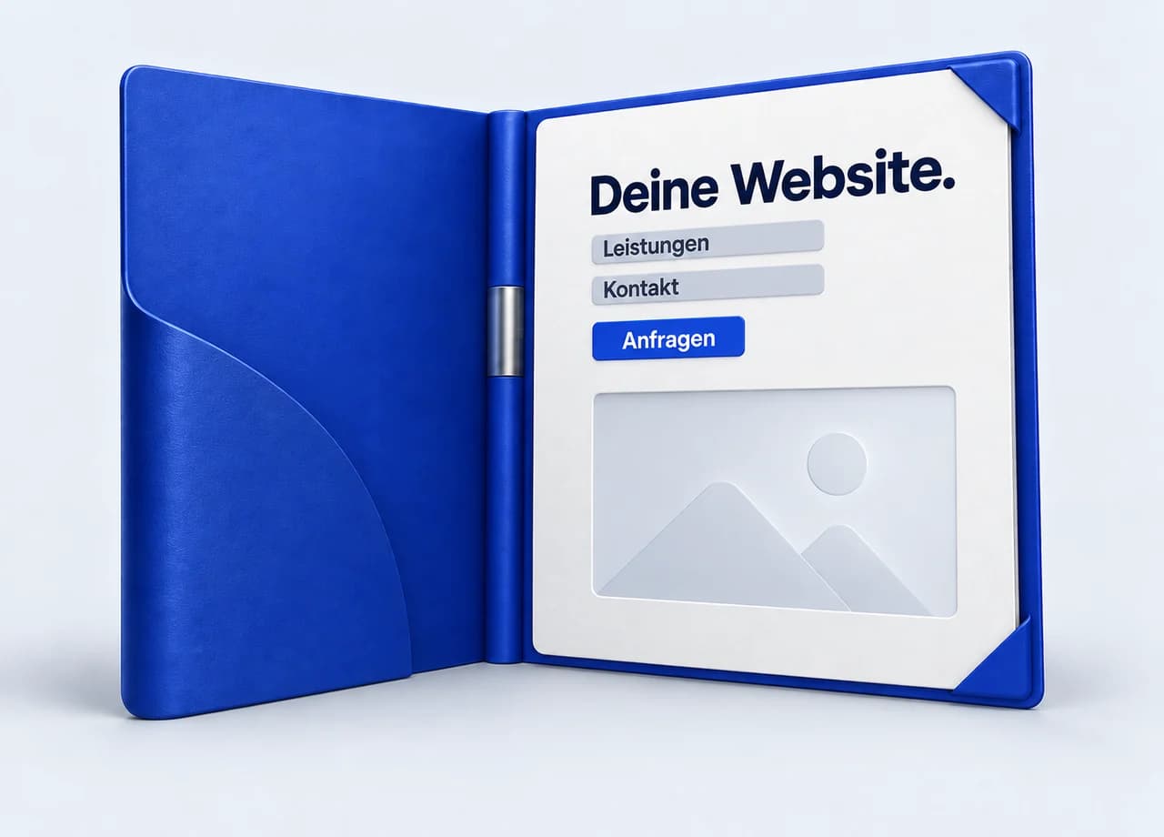 Webdesign: Eine weiße Website-Fläche liegt in einer geöffneten blauen Servicemappe. Die Mappe fasst Erstellung und laufenden Betrieb als ein zusammengehöriges Paket auf.