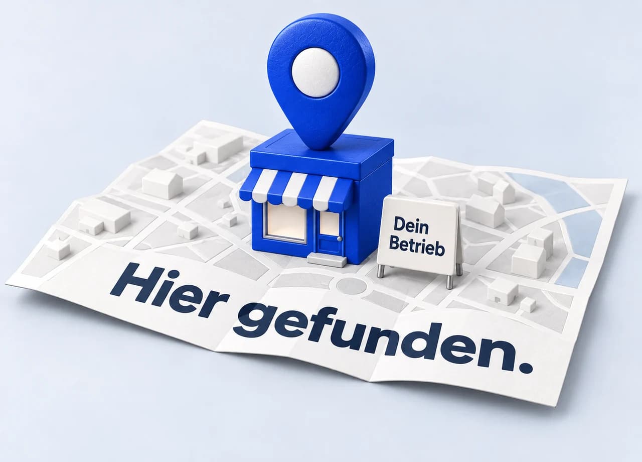SEO: Eine blaue Standortmarkierung steht auf einem Geschäft im gefalteten Stadtplan mit der Aufschrift Hier gefunden.