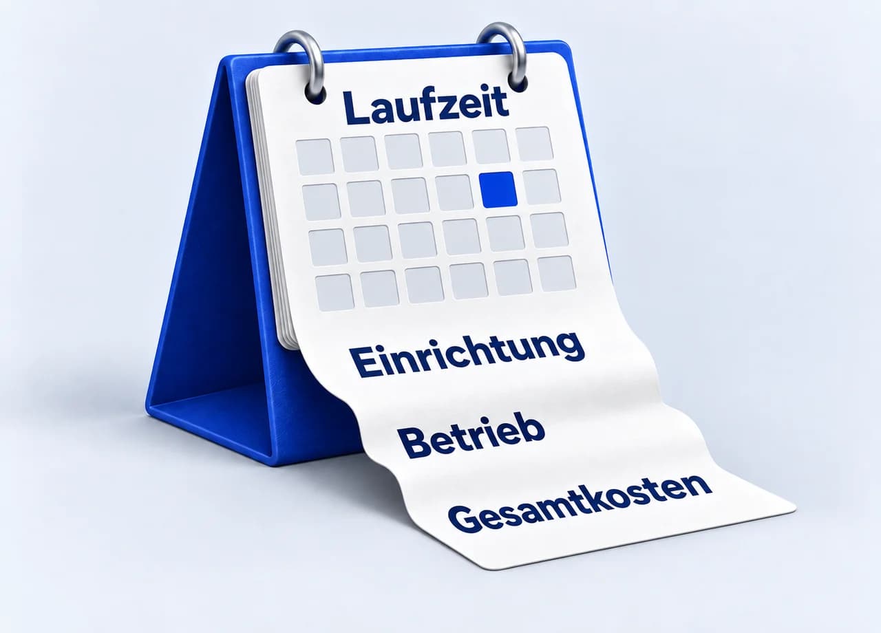 Webdesign: Ein blauer Tischkalender mit weißen Blättern geht in ein gefaltetes Rechnungsband über. Das Motiv zeigt wiederkehrende Laufzeiten und Kosten.
