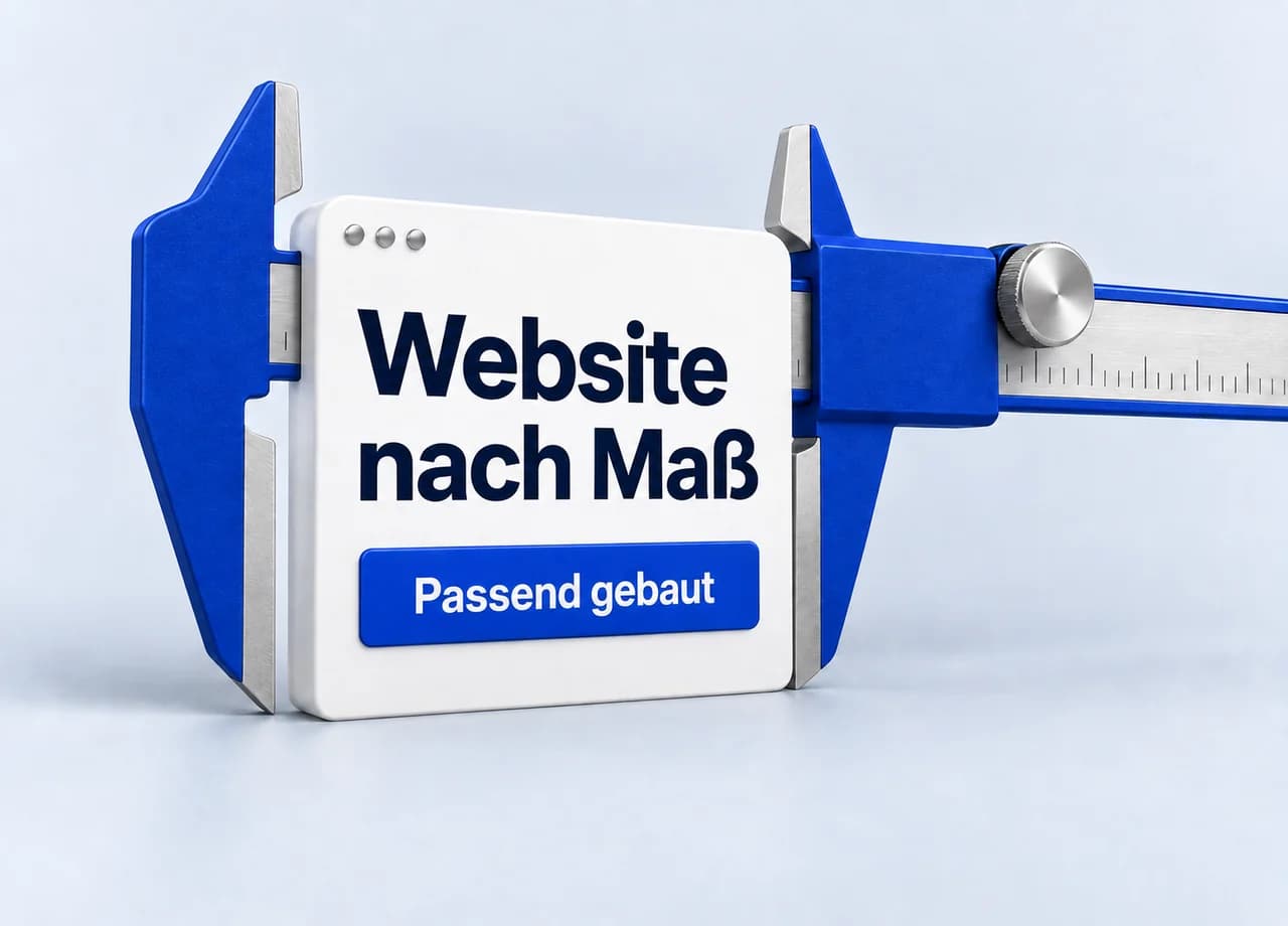 Webdesign: Eine blaue Schieblehre umfasst eine weiße Website-Fläche mit Website nach Maß und Passend gebaut.