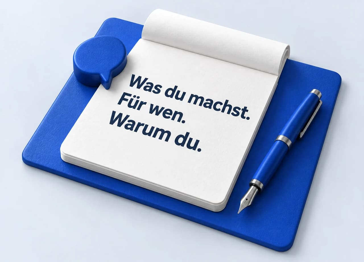 Webdesign: Auf einem weißen Schreibblock stehen Was du machst, Für wen und Warum du. Ein blauer Füller liegt daneben.