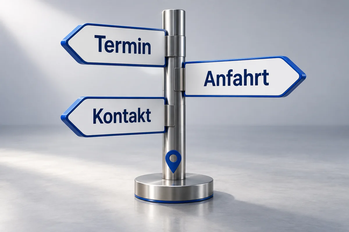 3D-Illustration: Wegweiser zu Termin, Anfahrt und Kontakt.
