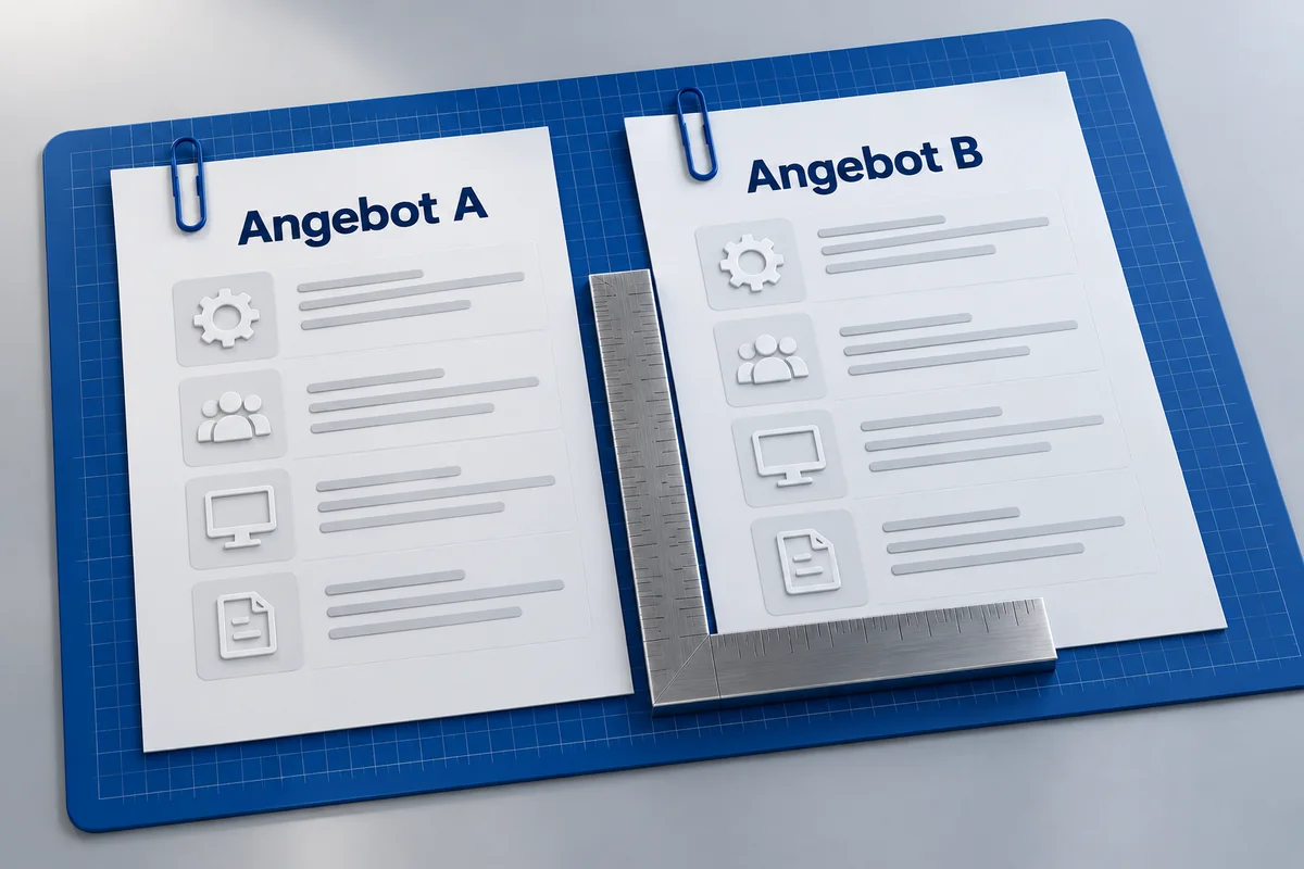 3D-Illustration: Zwei Angebotsblätter mit einem gemeinsamen Winkelmaß zum Vergleich.
