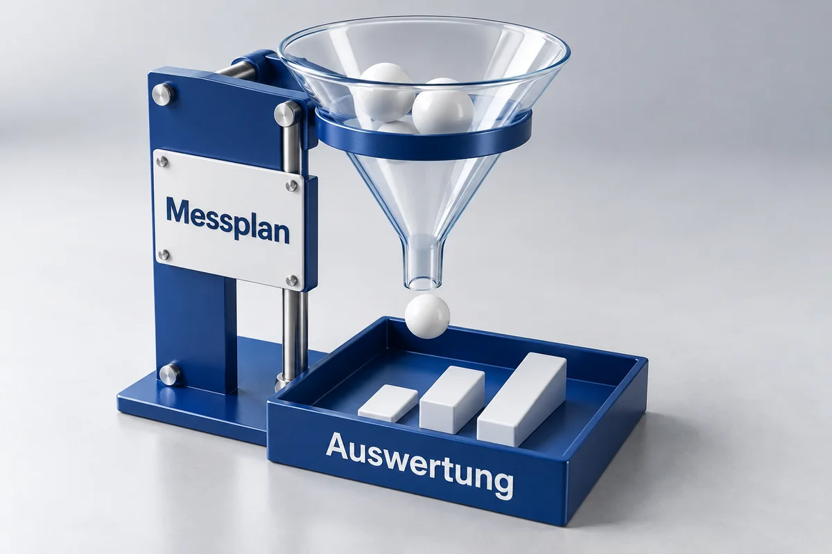 3D-Illustration: Trichter mit der Beschriftung Messplan über einer symbolischen Auswertung ohne Messwerte.