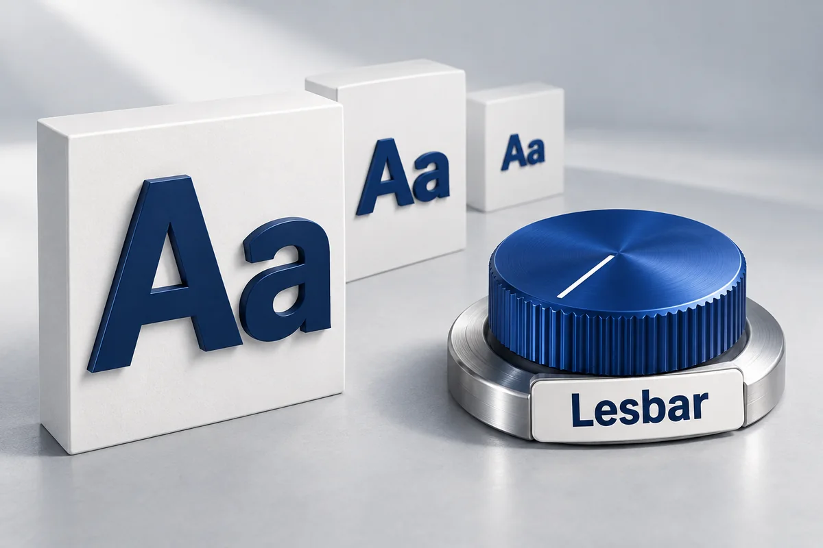 3D-Illustration: Unterschiedlich große Buchstaben und ein Kontrastregler mit der Beschriftung Lesbar.
