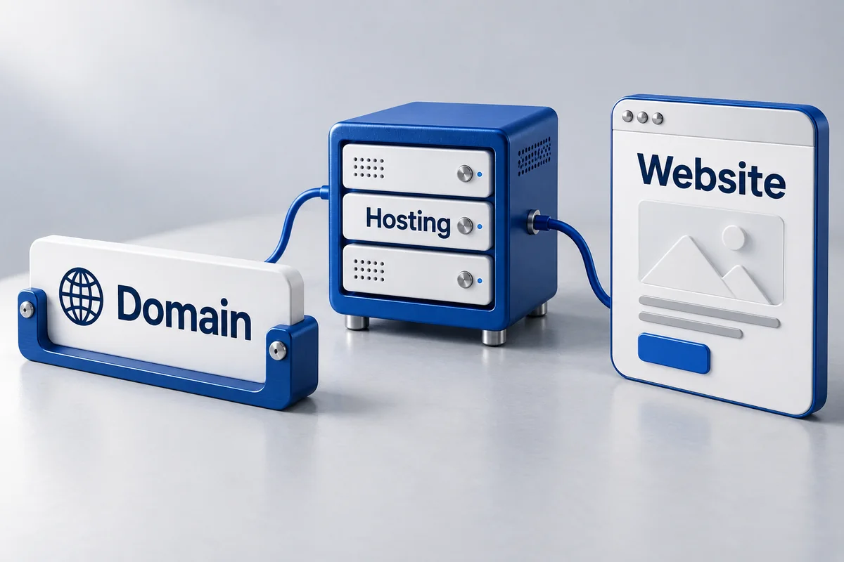 Adressschild, Server und Website-Fläche als drei miteinander verbundene Objekte im 3D-Stil.