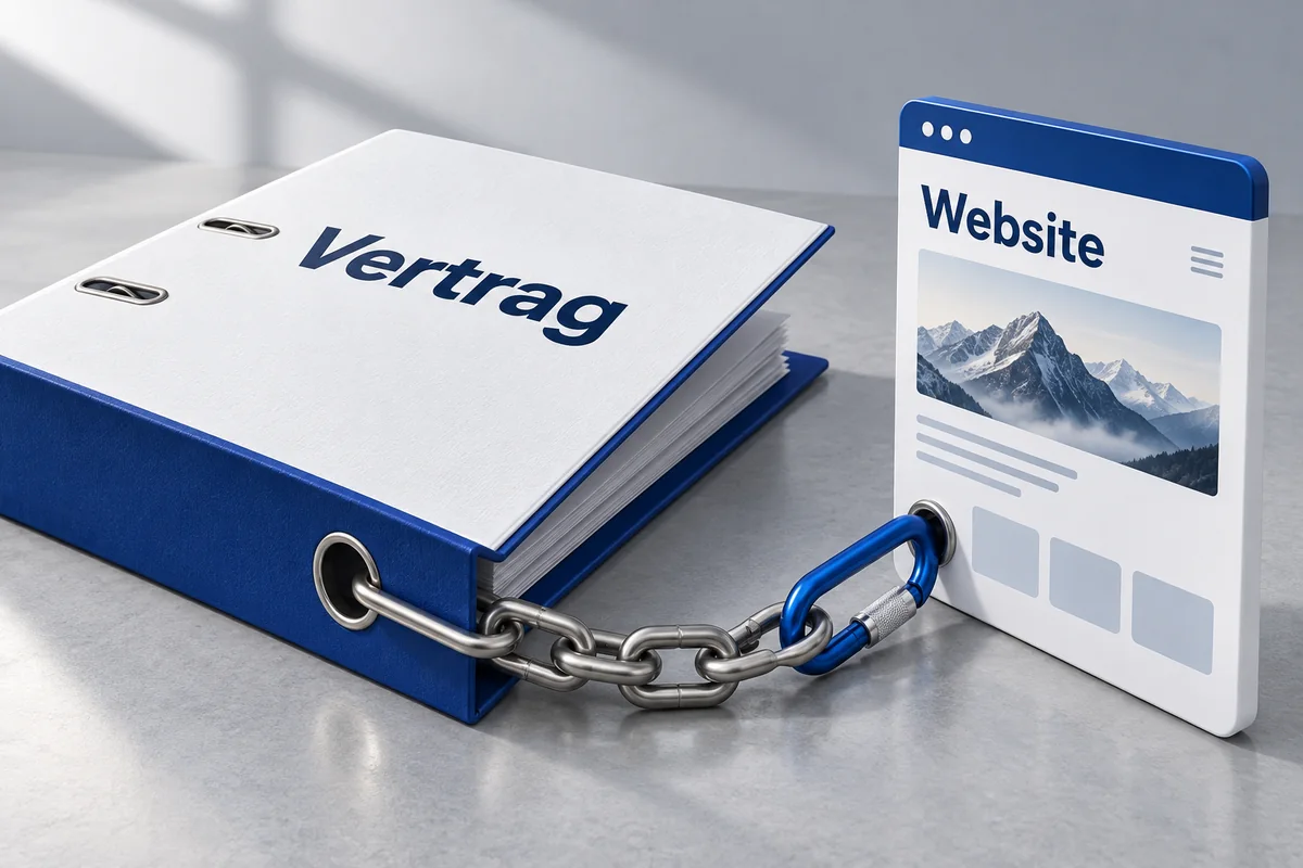 3D-Illustration: Vertrag und Website sind durch eine kurze Kette miteinander verbunden.