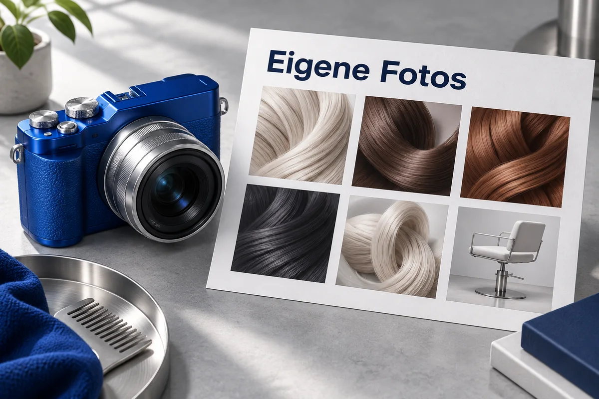 3D-Illustration: Blaue Kamera neben einer beispielhaften Bildauswahl mit der Beschriftung Eigene Fotos.
