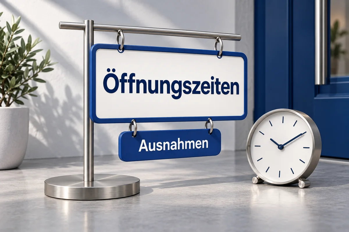 3D-Illustration: Schild für Öffnungszeiten mit einer separaten Klappe für Ausnahmen und einer Uhr.