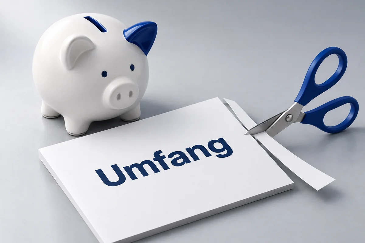 3D-Illustration: Sparschwein und Schere neben einem Projektblatt mit der Beschriftung Umfang.