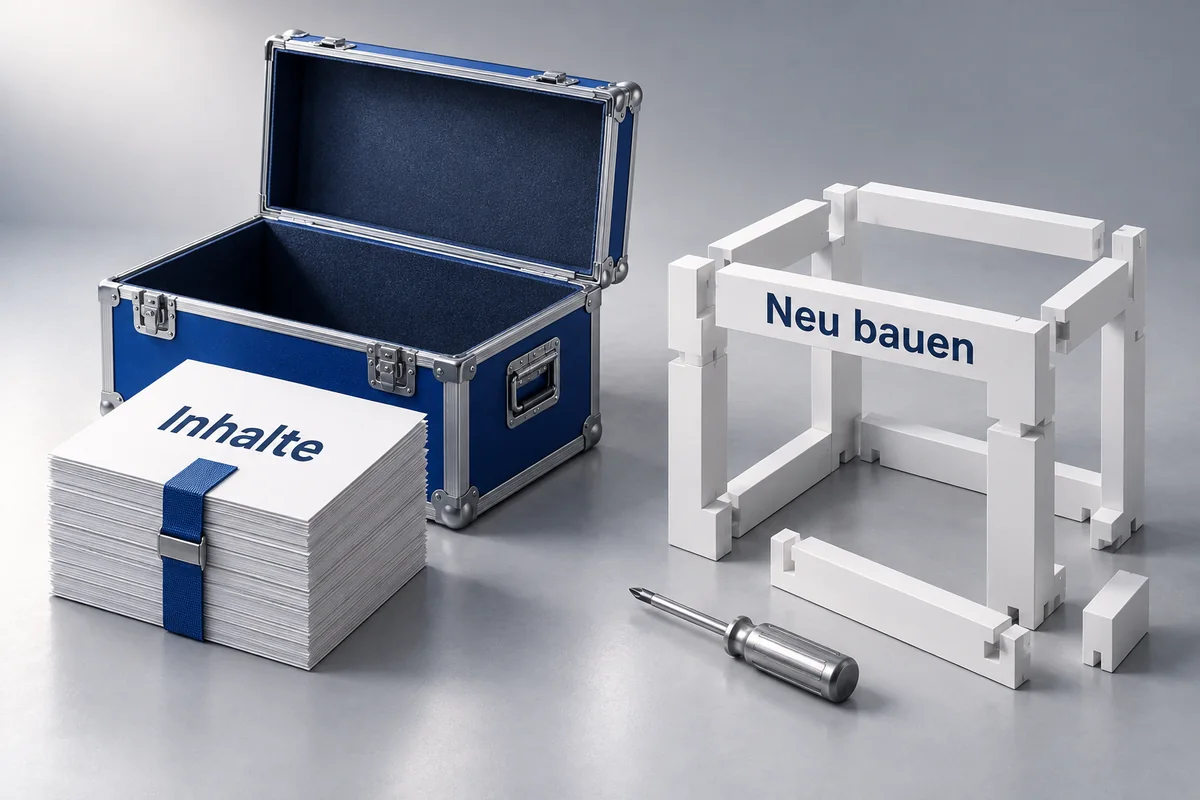 3D-Illustration: Transportkoffer mit Inhaltsblättern neben einem neu aufzubauenden Website-Rahmen.