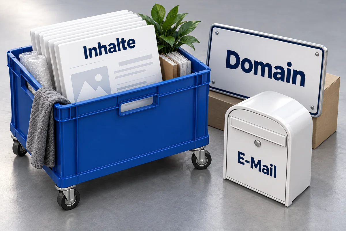 3D-Illustration: Umzugskiste für Inhalte neben einem Domain-Schild und einem E-Mail-Postkasten.