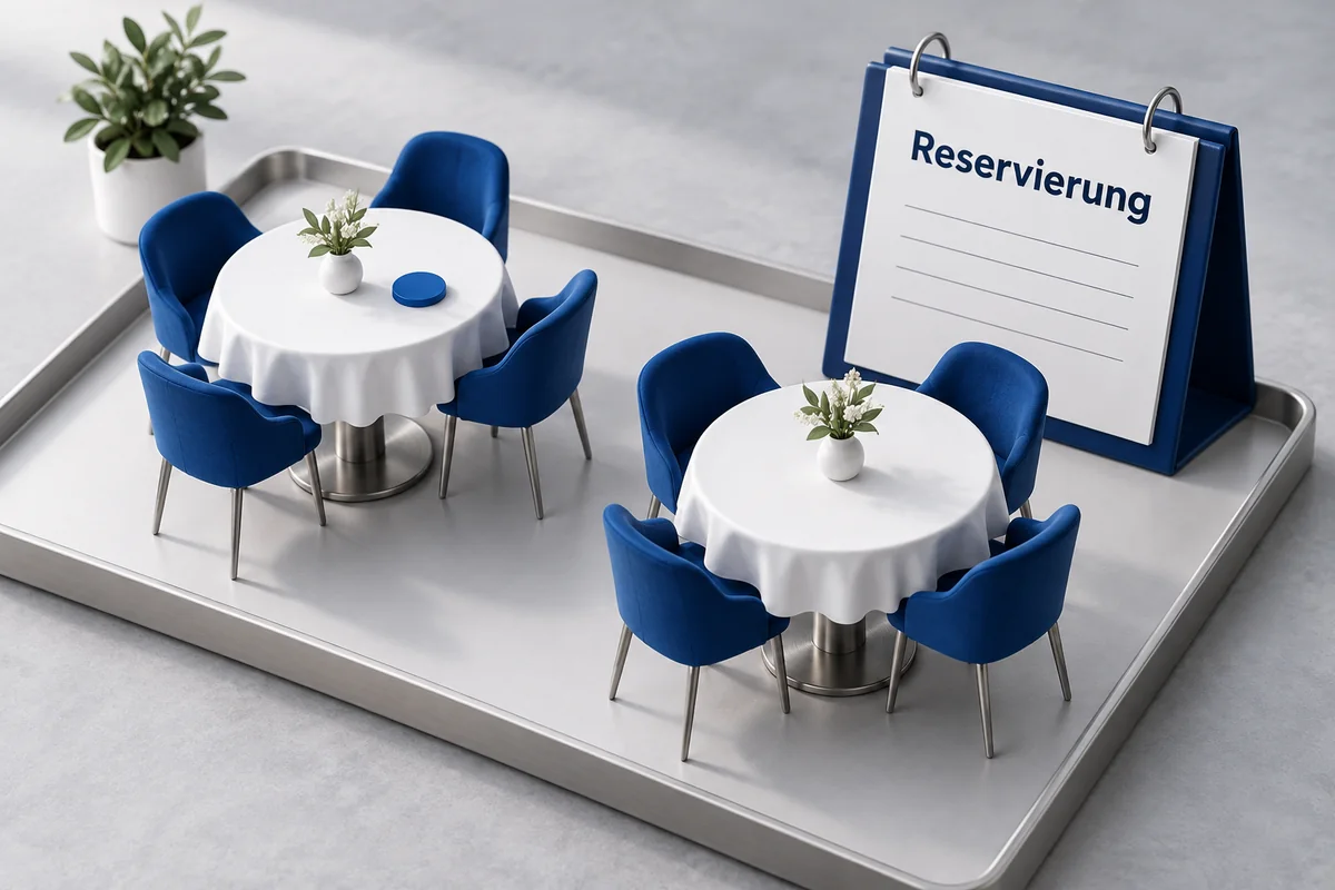 3D-Illustration: Modell von Restauranttischen neben einem Reservierungsbuch.