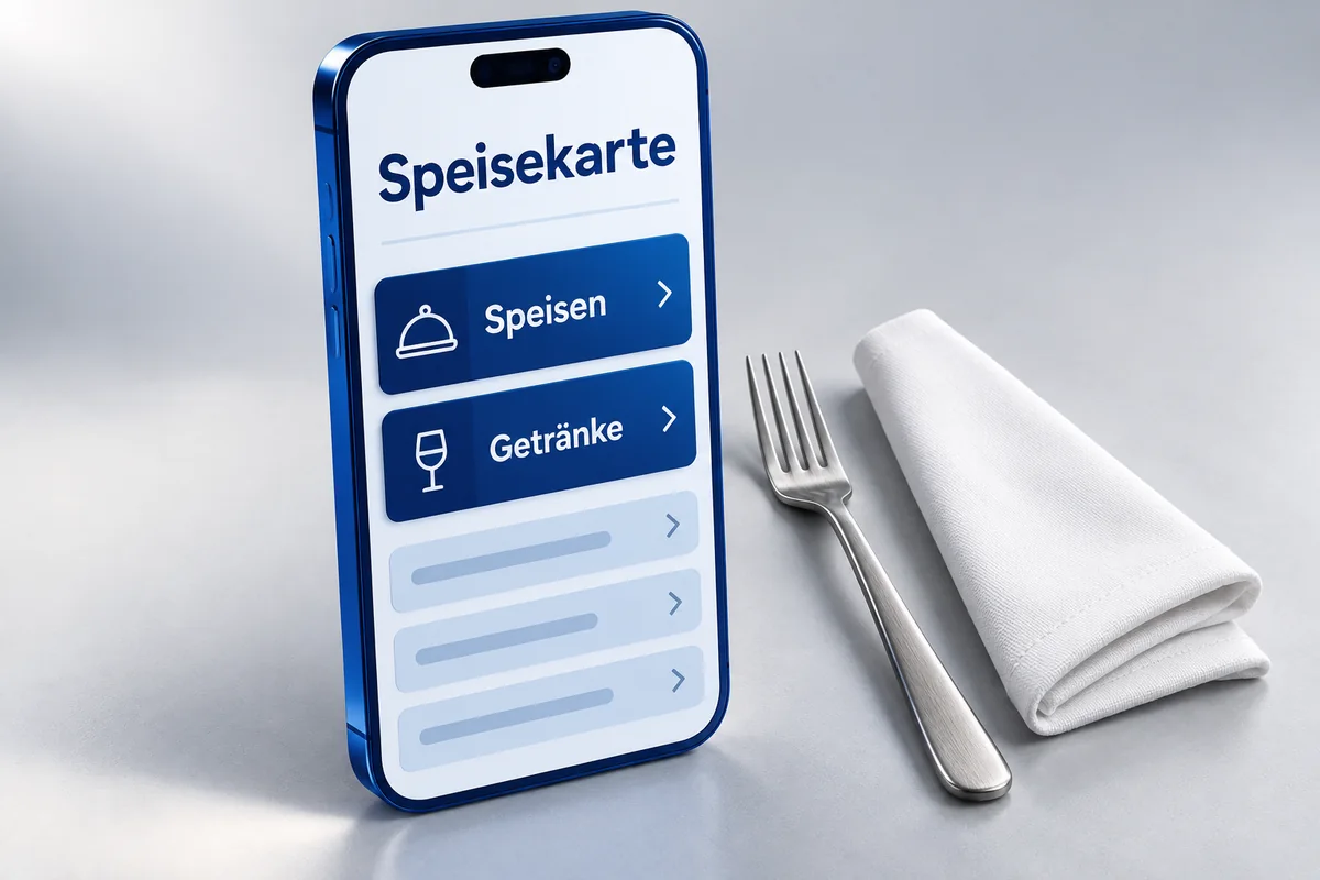 3D-Illustration: Speisekarte mit Speisen und Getränken auf einem Smartphone neben einer Gabel.