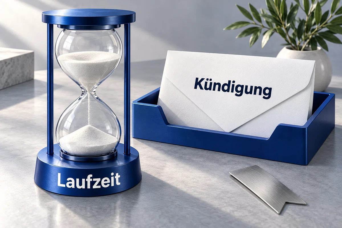3D-Illustration: Sanduhr mit der Beschriftung Laufzeit neben einem Kündigungsbrief.