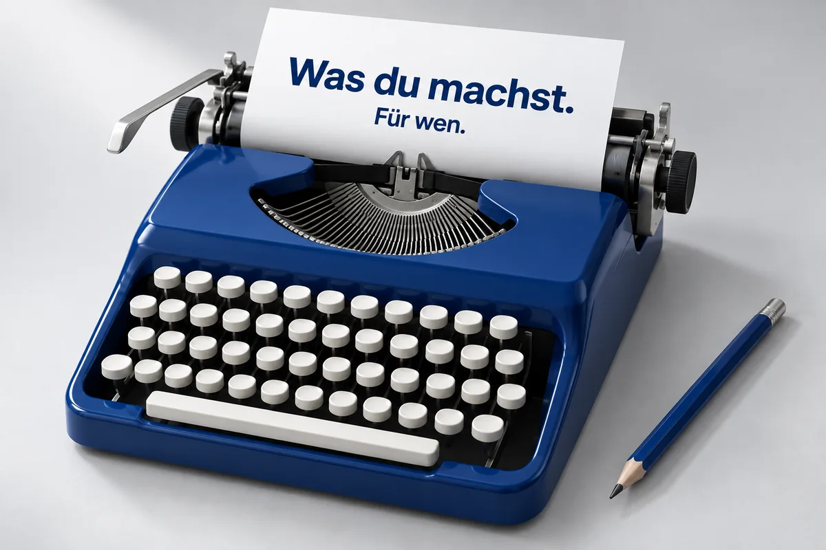 3D-Illustration: Blaue Schreibmaschine mit dem Text: Was du machst. Für wen.