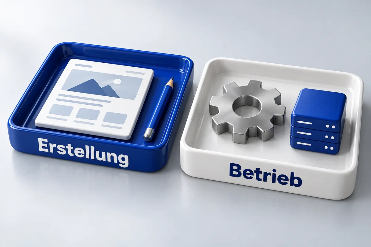 3D-Illustration: Zwei Ablagen für Erstellung und Betrieb mit Website, Werkzeug und Server.