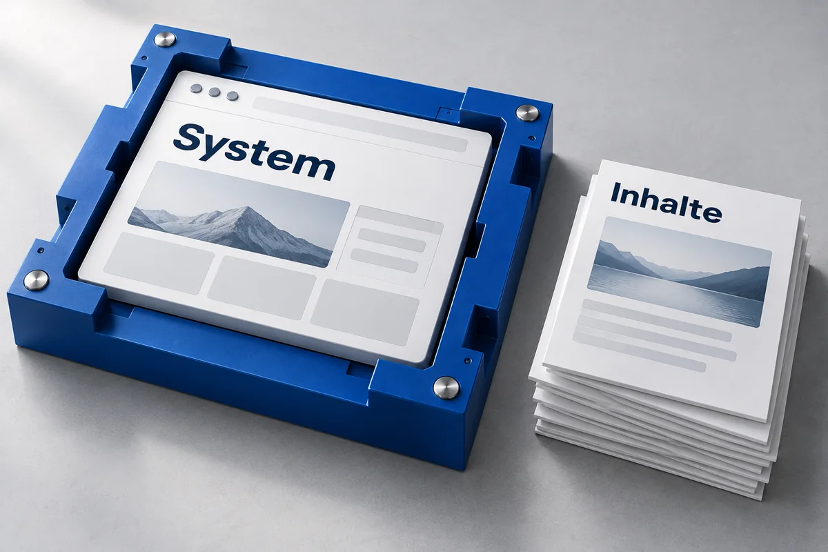 3D-Illustration: Website-System in einem festen Rahmen neben herausnehmbaren Inhaltsblättern.