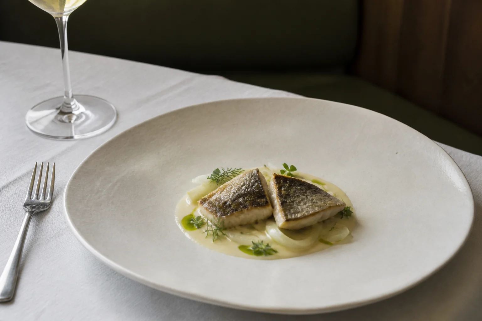 Saibling mit Kohlrabi, Dille und heller Sauce auf handgefertigter Keramik