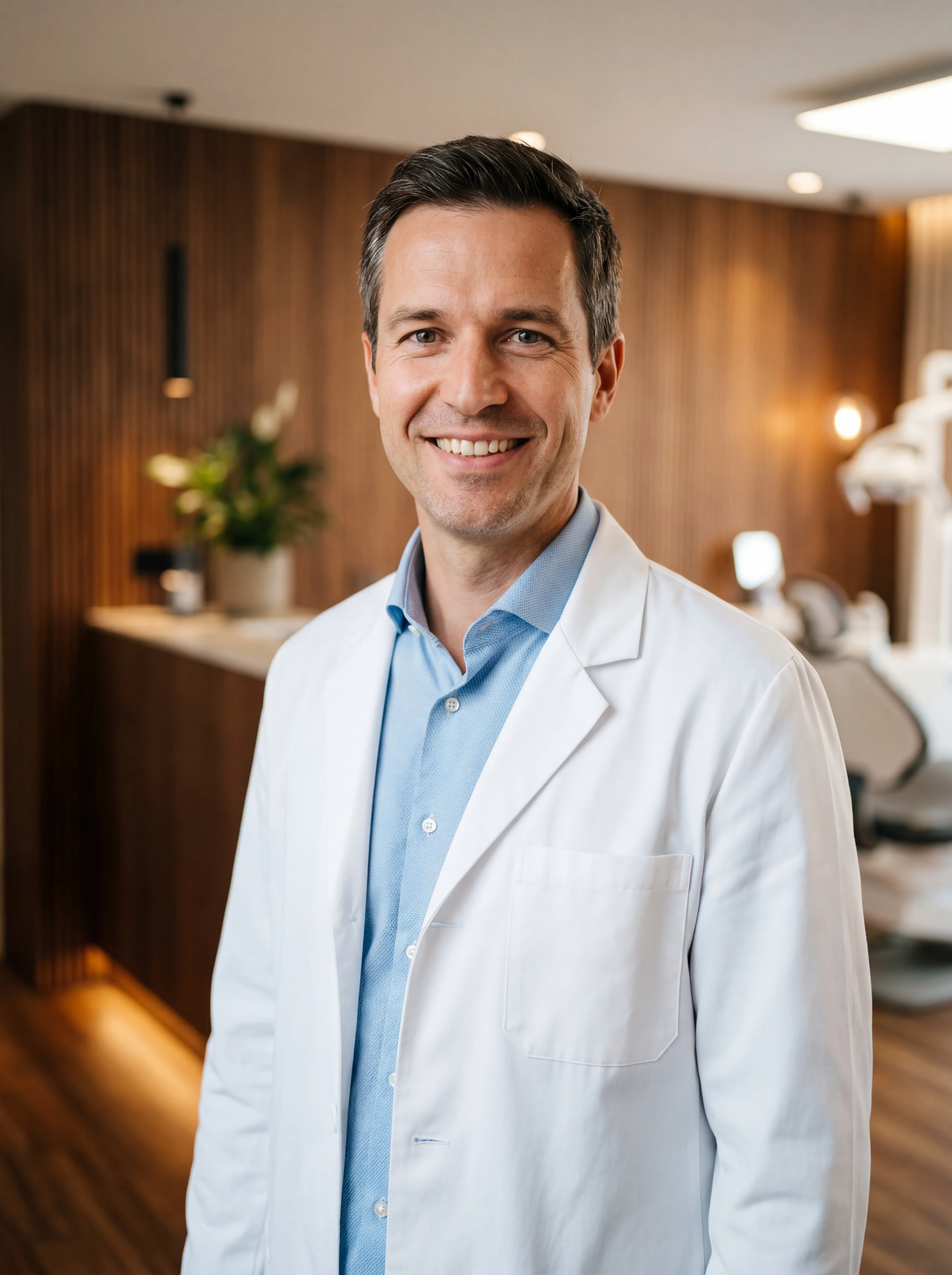 Dr. Martin Berger im weißen Kittel vor der Holzwand der Ordination