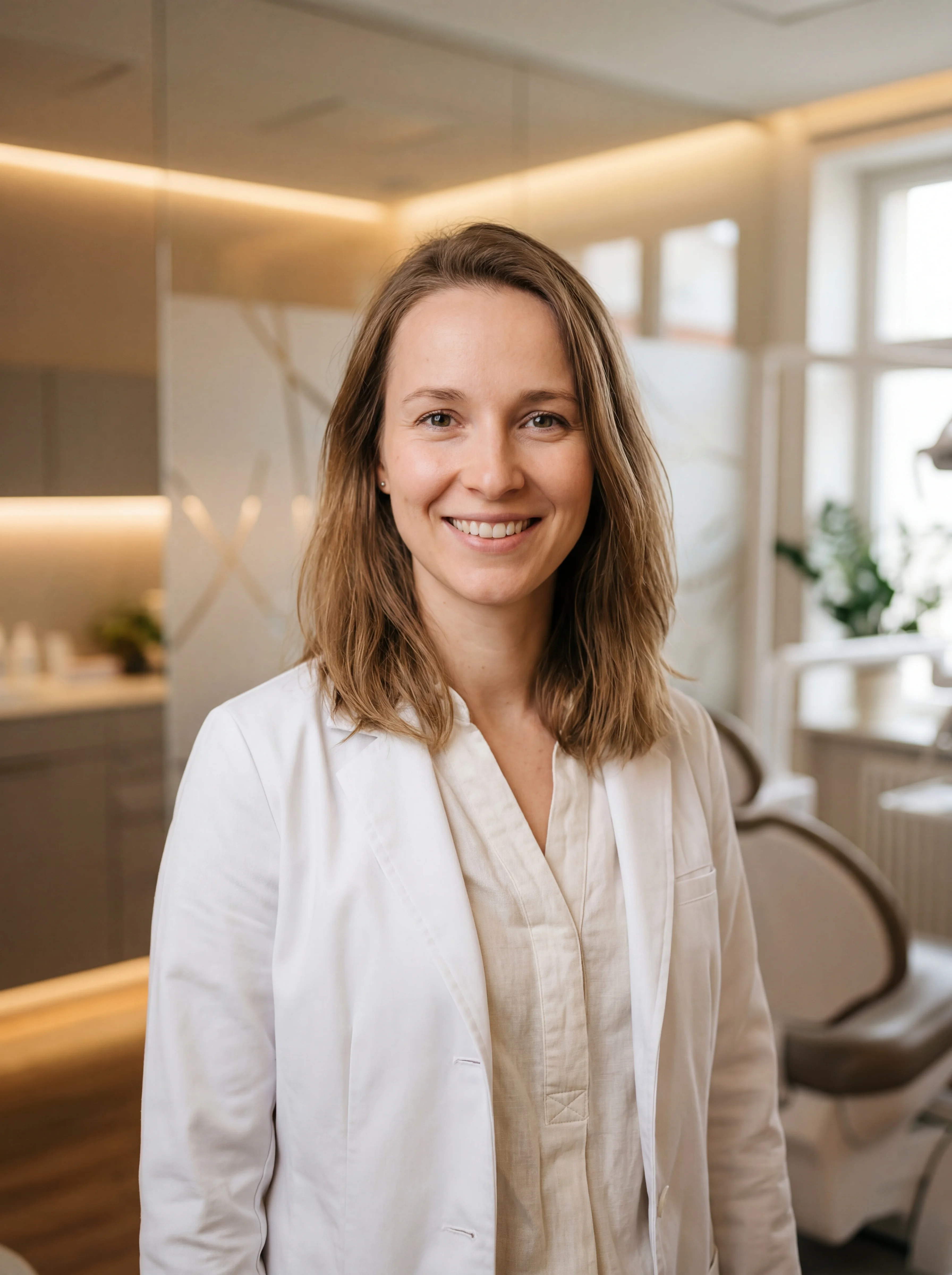 Dr. Julia Leitner im weißen Kittel vor dem Behandlungszimmer