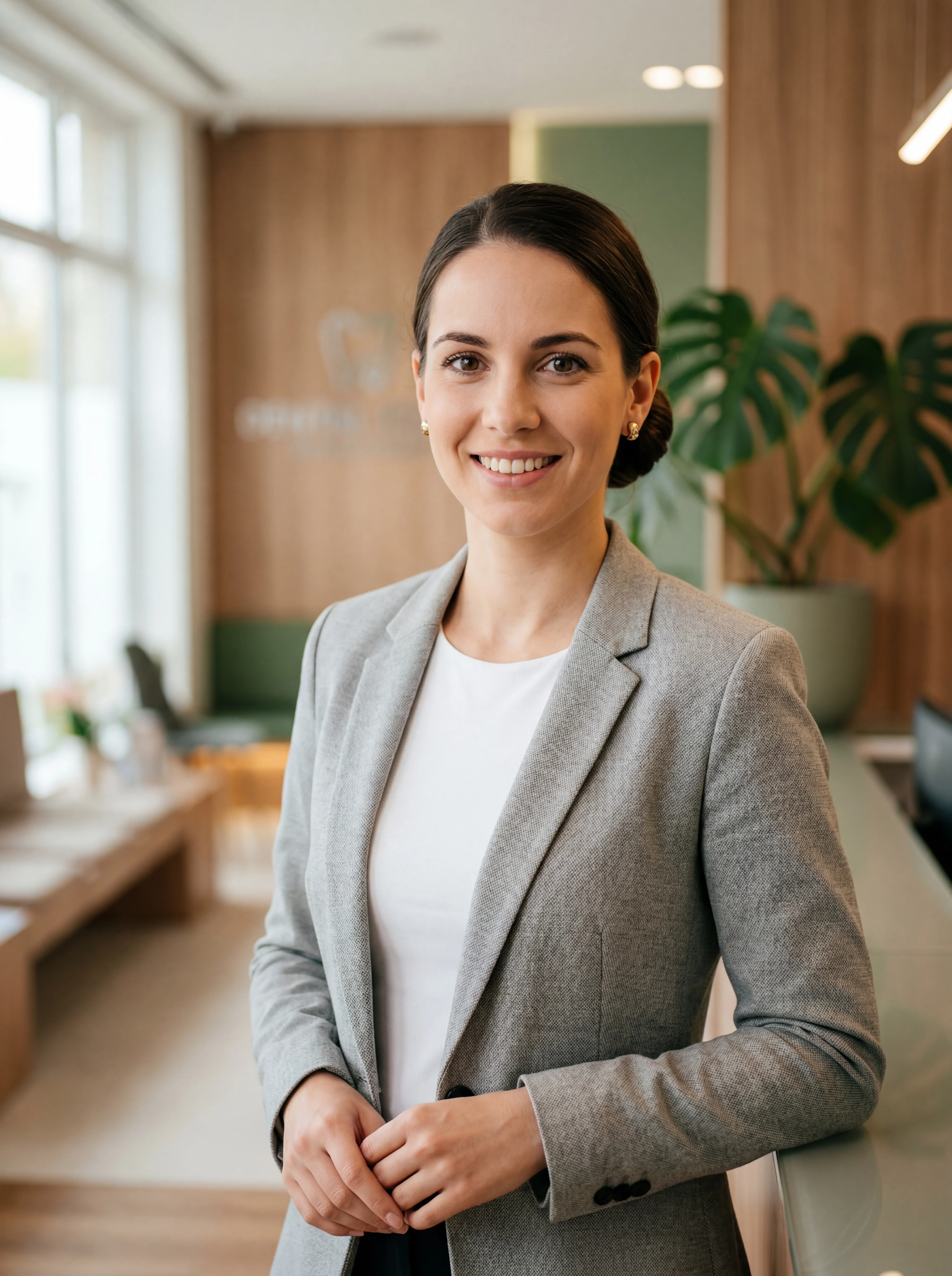 Anna Kovács im grauen Blazer im Empfangsbereich der Ordination