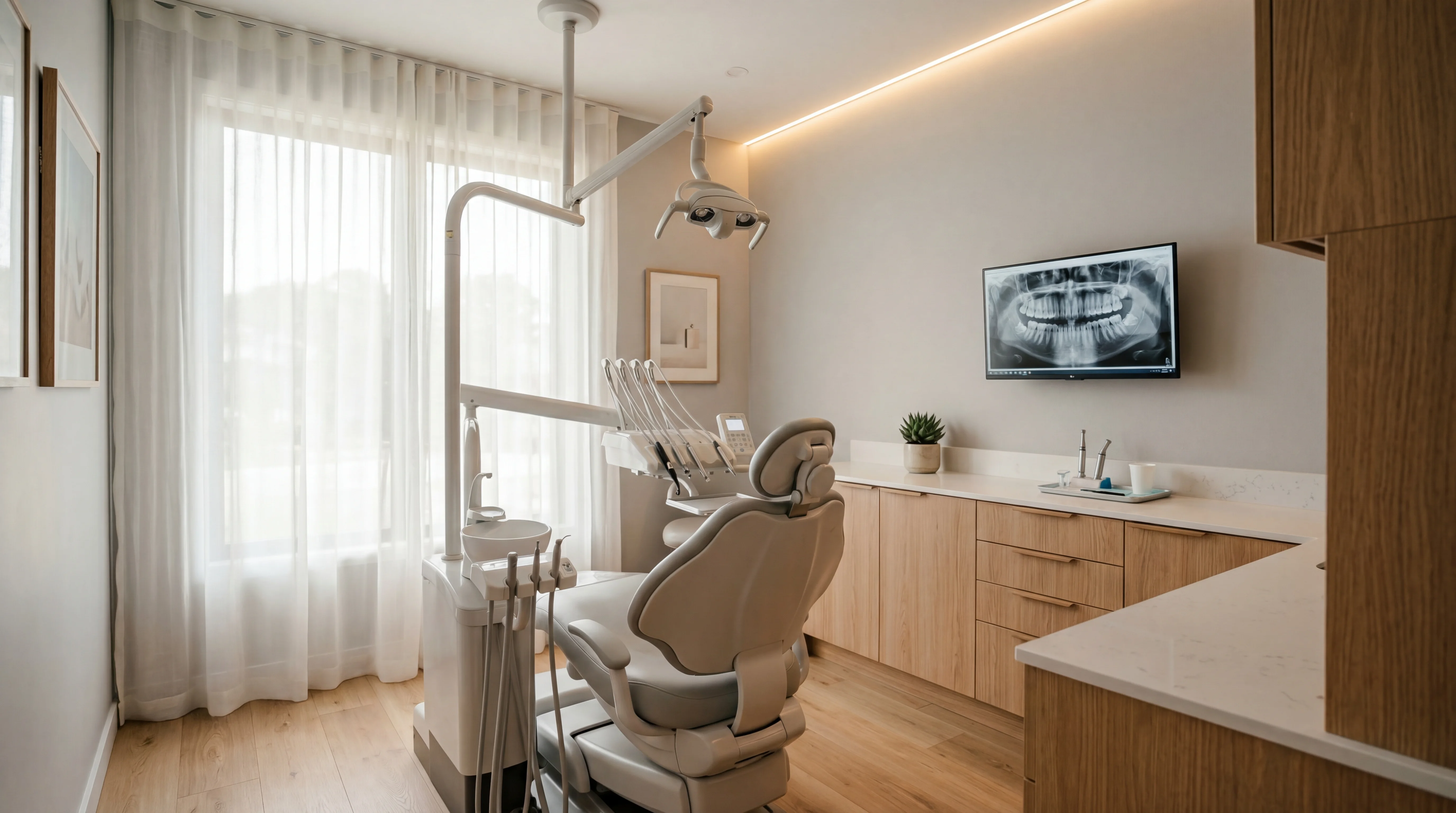 Behandlungszimmer mit Tageslicht, Behandlungsstuhl und Röntgenbild am Bildschirm