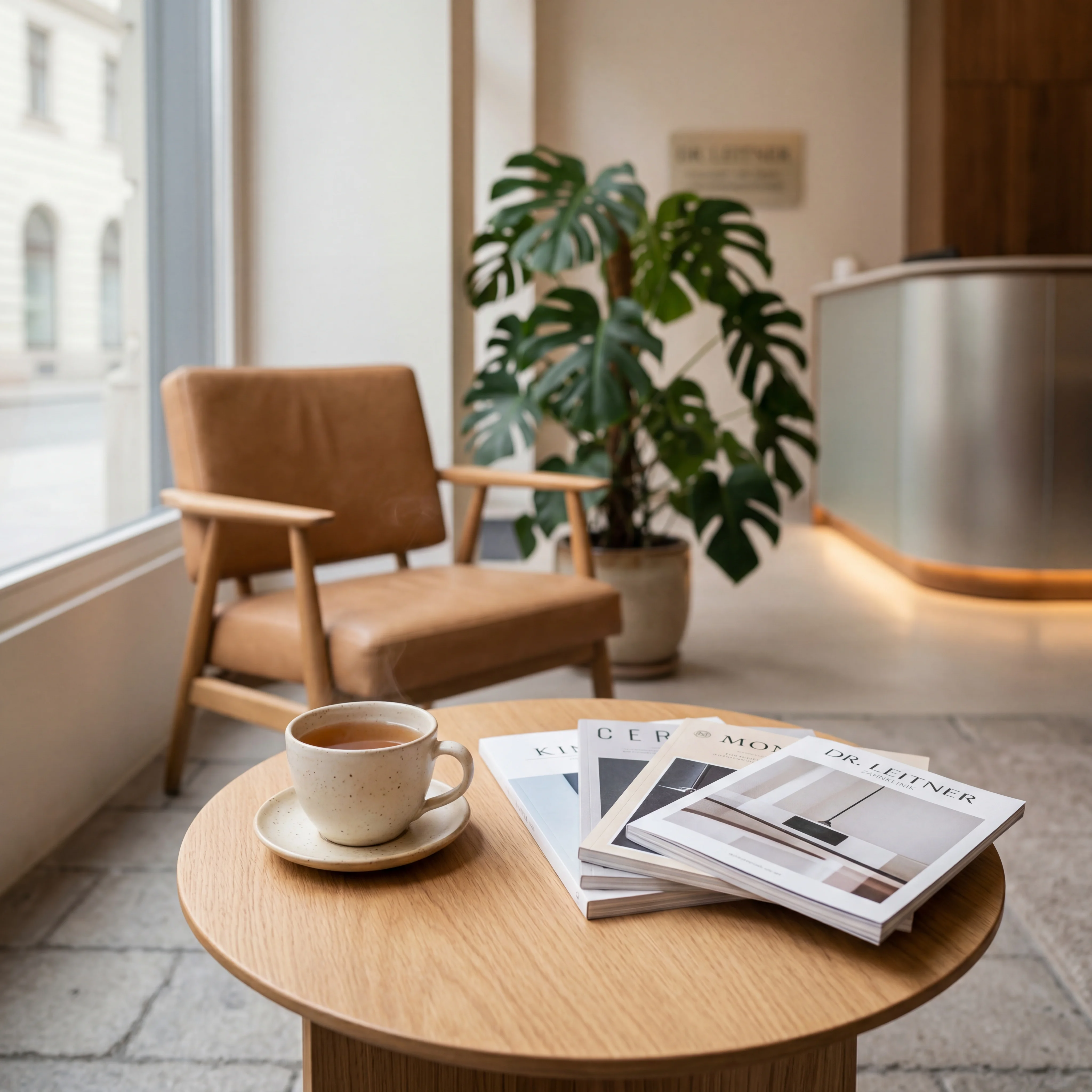 Wartebereich mit Sessel, Pflanze und Beistelltisch am Fenster