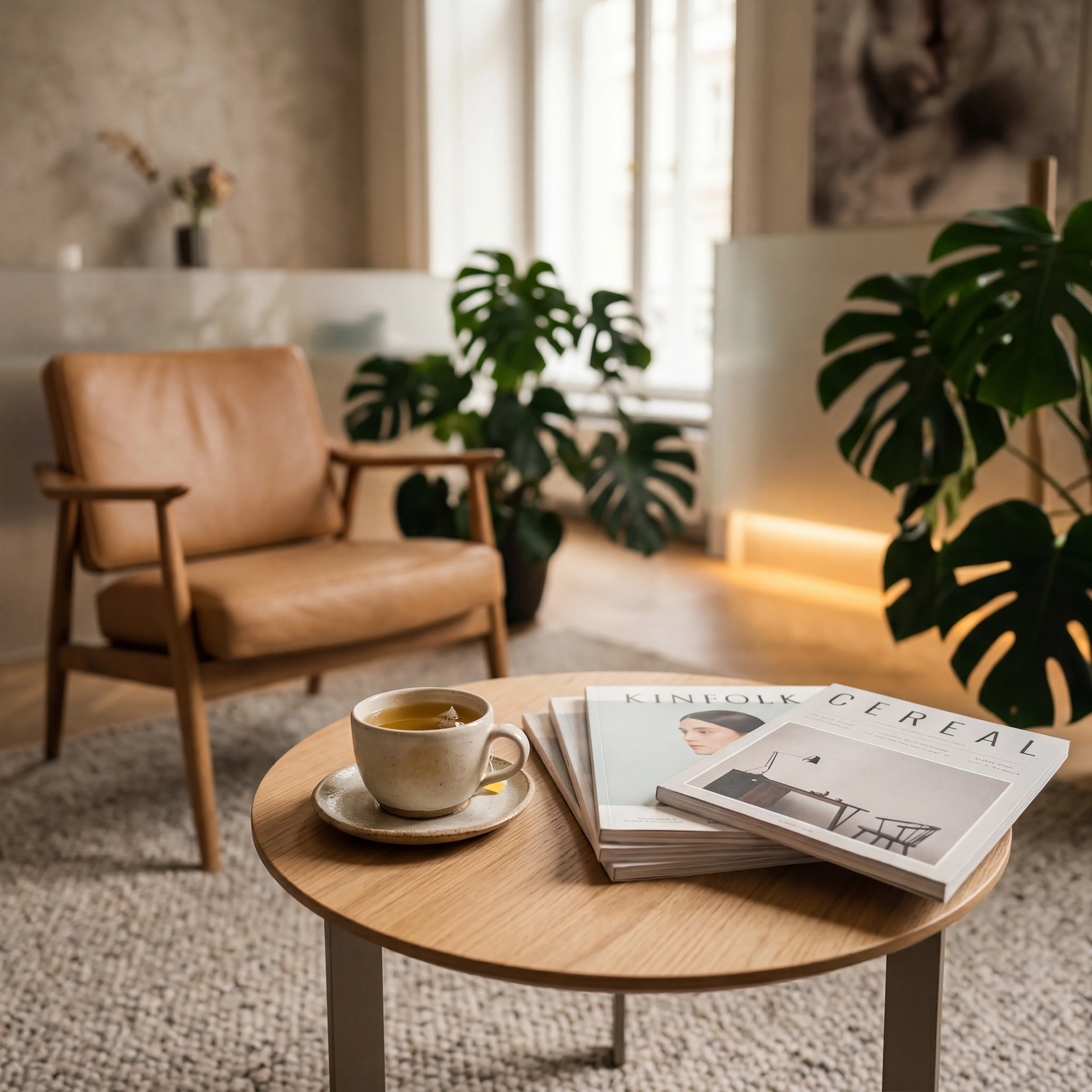 Wartebereich mit Ledersessel, Beistelltisch, Tasse Kaffee und Zeitschriften