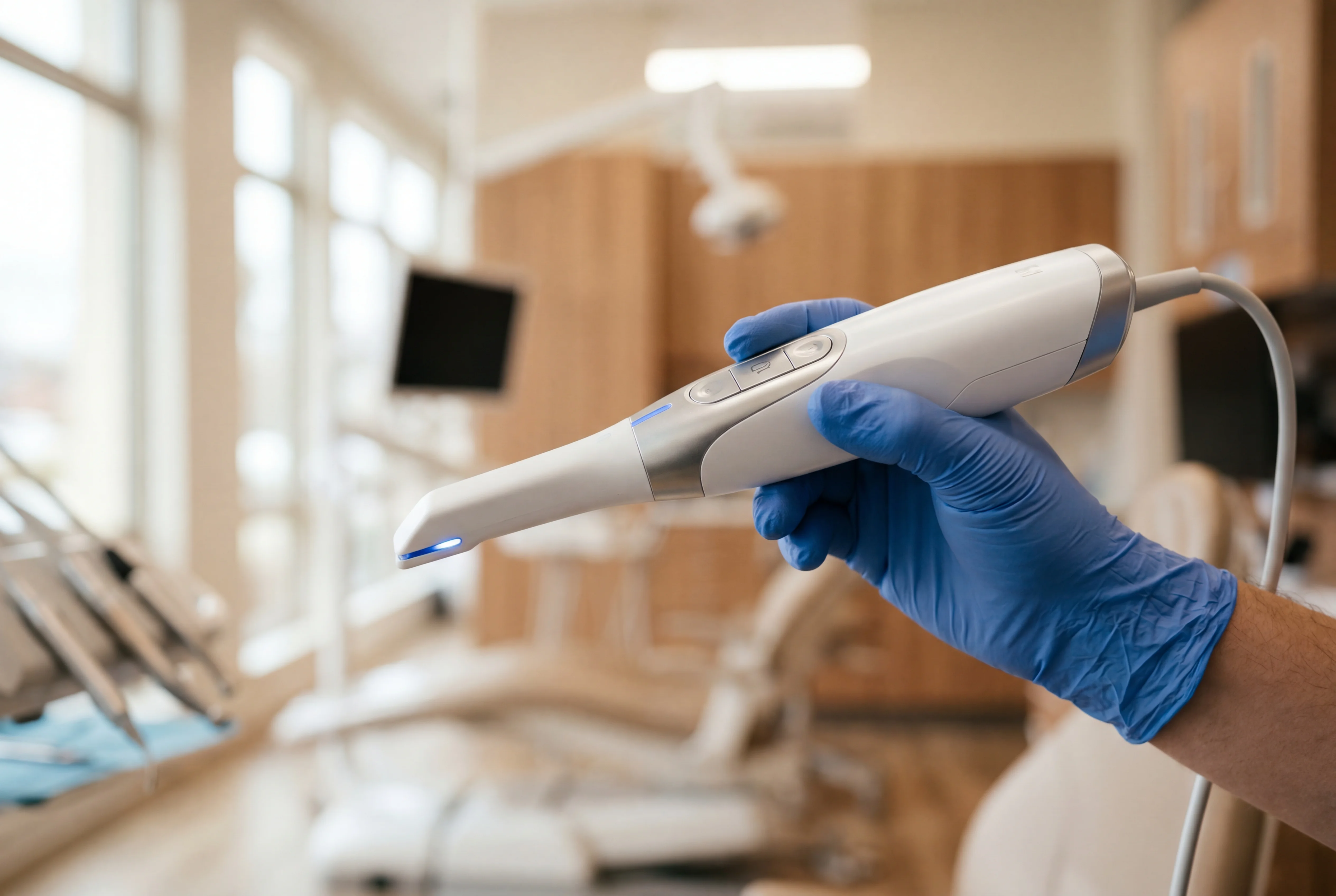 Hand in blauem Handschuh hält den 3D-Intraoralscanner im Behandlungszimmer